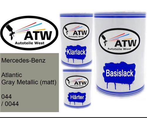 Mercedes-Benz, Atlantic Gray Metallic (matt), 044 / 0044: 500ml Lackdose + 500ml Klarlack + 250ml Härter - Set, von ATW Autoteile West.
